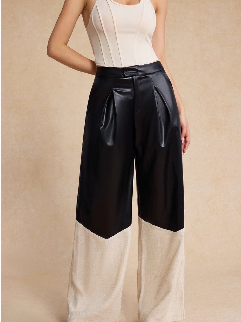 Mica’s Wide-Leg Two-Tone Faux Leather & linen Pants in Black and Cream